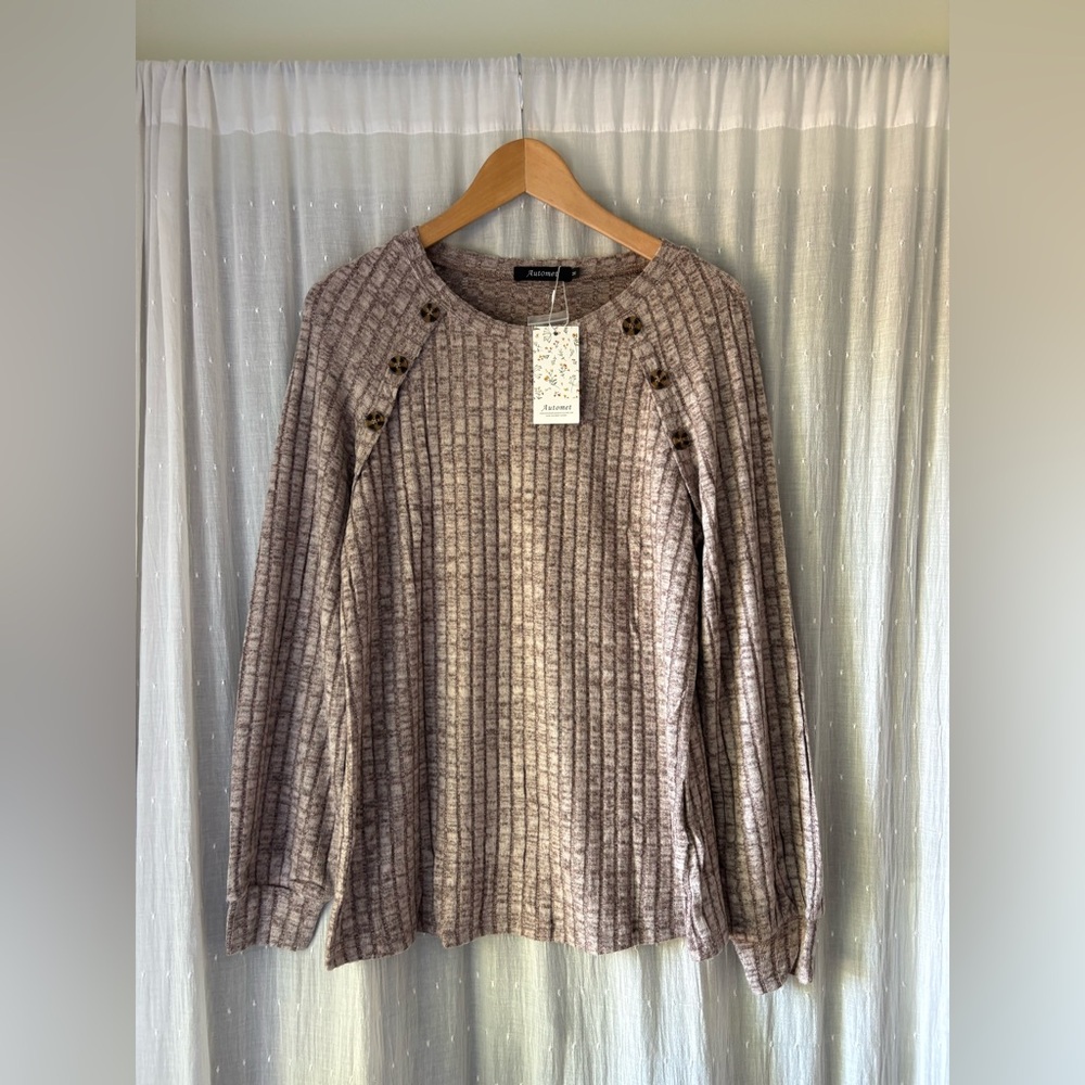 Ribbed Scoop Neck Button-Accent Sweater - Taupe - Picture 2 of 8